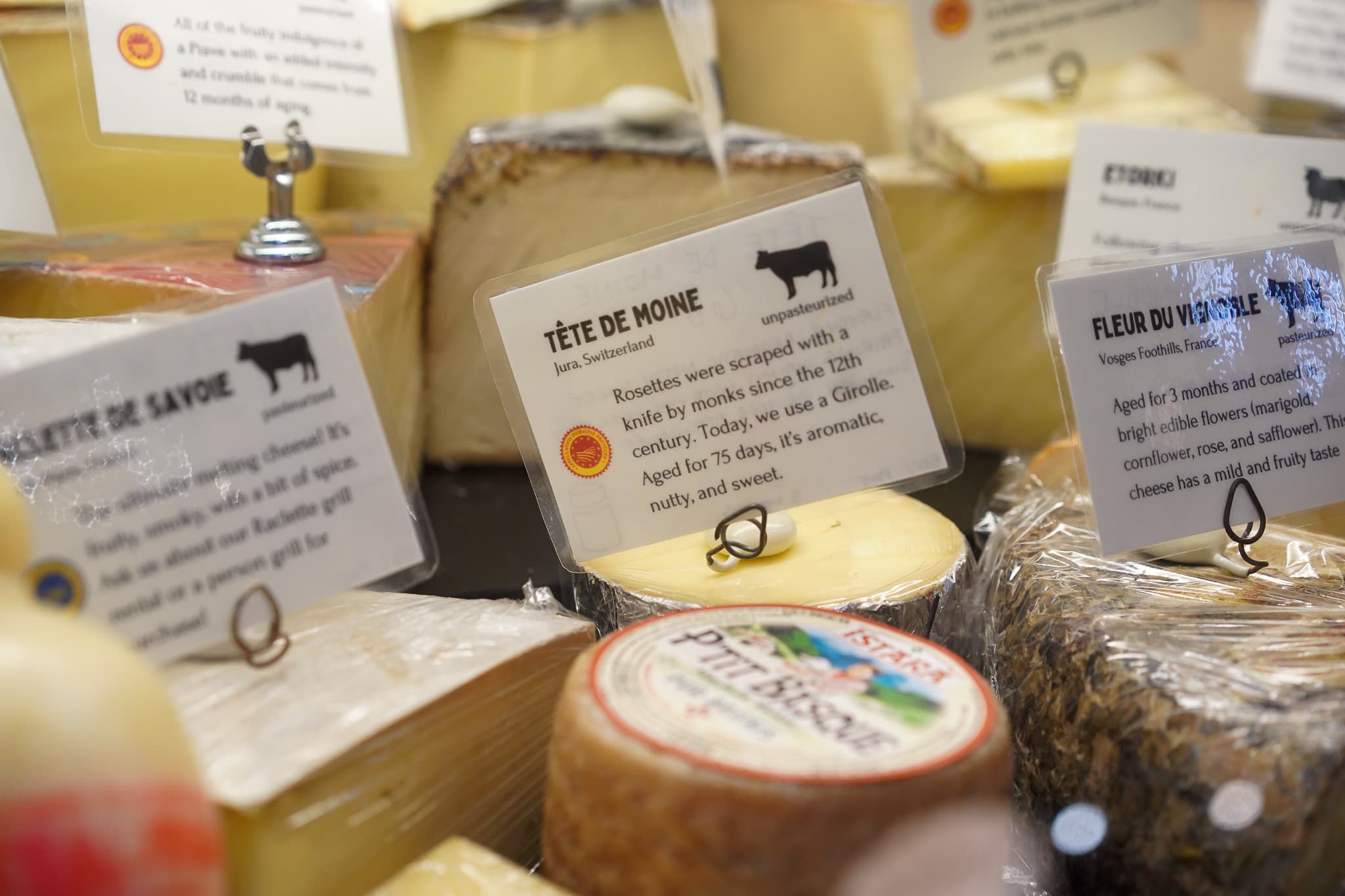 Cheese counter with tasting cards